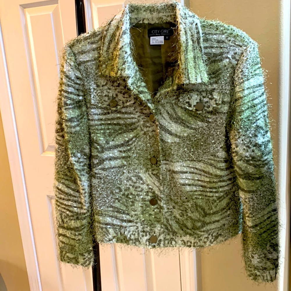 Womens green and white swirly print jacket.